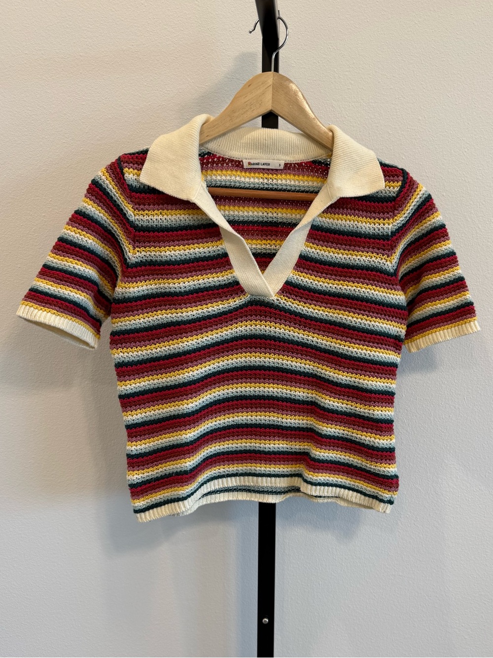 Marine Layer Multicolor Striped Polo Knit Sweater Top Cream Collar Small Preppy